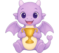 Igo the reading buddy dragon holding a trophy after a kid finished reading aloud