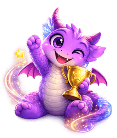 Igo the reading buddy dragon holding a trophy after a kid finished reading aloud