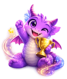 Igo the dragon holding a trophy