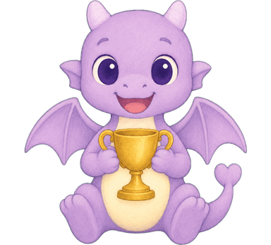 Igo the reading buddy dragon holding a trophy after a kid finished reading aloud