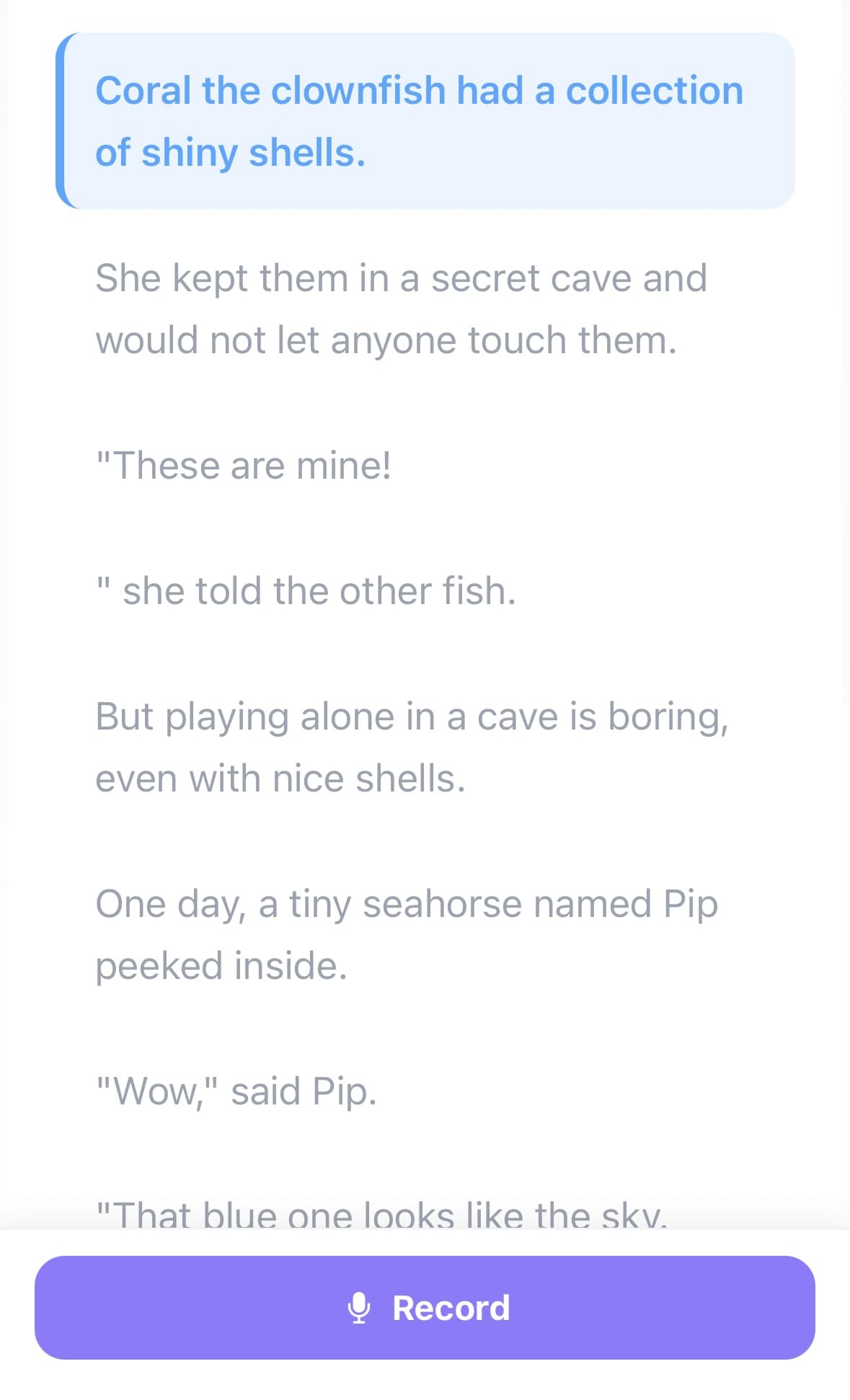 Readigo Classic Mode — text-based reading with Record button